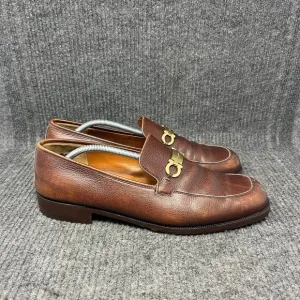 Salvatore Ferragamo Bit Loafers Dress Shoes Oxford Brown Leather Gold Mens 13 D