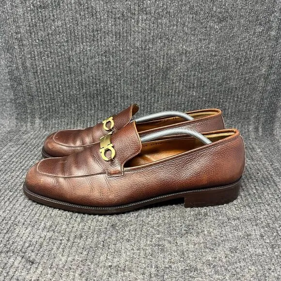 Salvatore Ferragamo Bit Loafers Dress Shoes Oxford Brown Leather Gold Mens 13 D