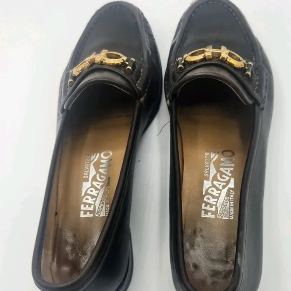 Salvatore Ferragamo Horsebit Leather Loafer Heels Brown Leather Women Size 5.5 B