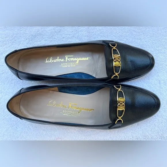 Salvatore Ferragamo Lizard Chain-Link Accents Women's Loafer - Black - 6