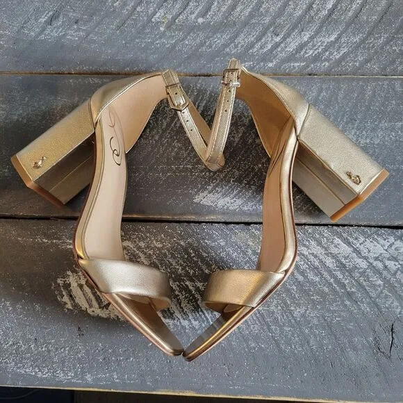 Sam Edelman Daniella Gold Leather Ankle Strap Block Heel Open‎ Toe Sandals 5.5 M