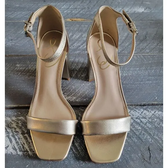 Sam Edelman Daniella Gold Leather Ankle Strap Block Heel Open‎ Toe Sandals 5.5 M