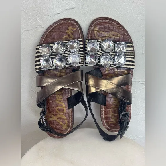 SAM EDELMAN Flat Leather Sandal Cow Hair Strappy Slingback Animal Print Shoe 6