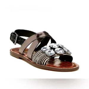 SAM EDELMAN Flat Leather Sandal Cow Hair Strappy Slingback Animal Print Shoe 6