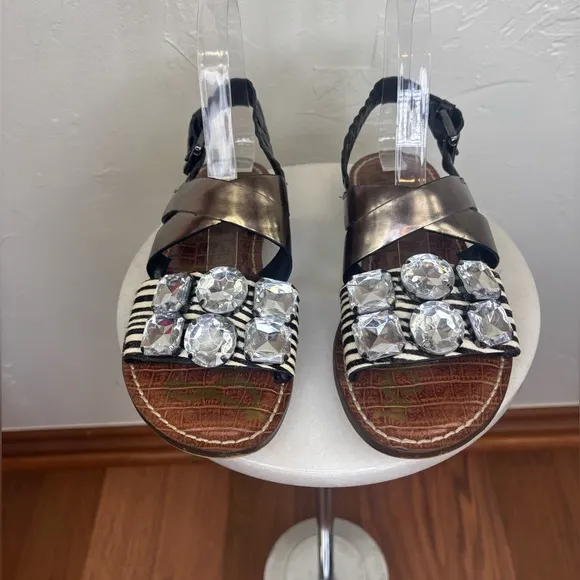 SAM EDELMAN Flat Leather Sandal Cow Hair Strappy Slingback Animal Print Shoe 6