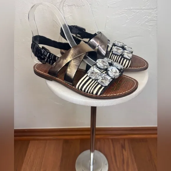 SAM EDELMAN Flat Leather Sandal Cow Hair Strappy Slingback Animal Print Shoe 6