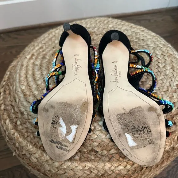 Sam Edelman Sage Beaded High-Heel Sandals - Black Suede Size 6.5