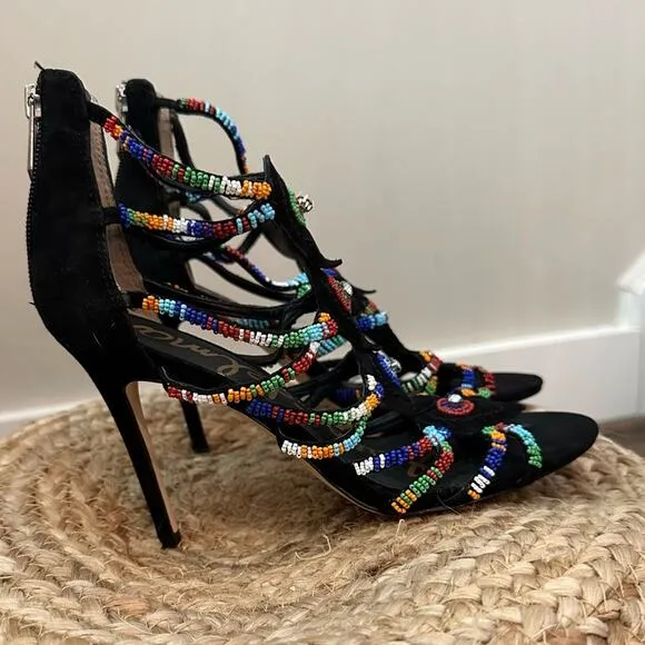 Sam Edelman Sage Beaded High-Heel Sandals - Black Suede Size 6.5
