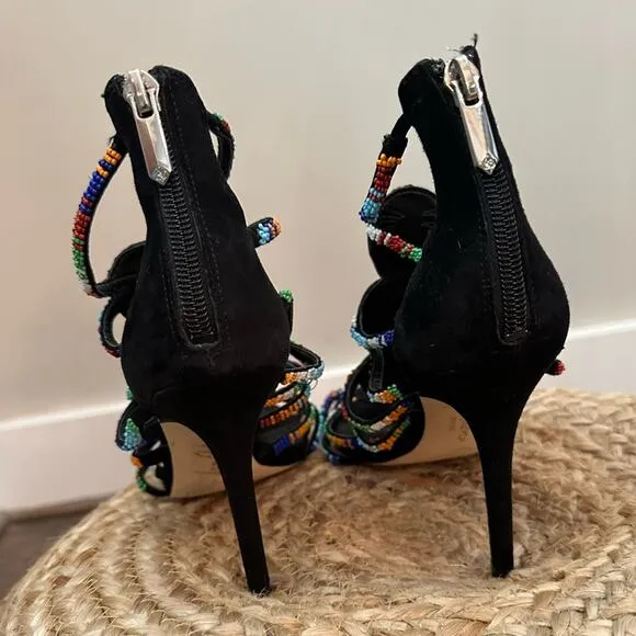 Sam Edelman Sage Beaded High-Heel Sandals - Black Suede Size 6.5