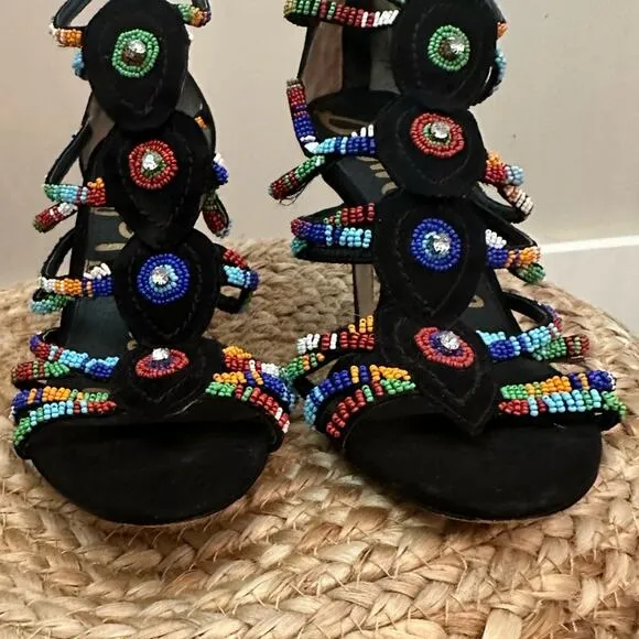 Sam Edelman Sage Beaded High-Heel Sandals - Black Suede Size 6.5