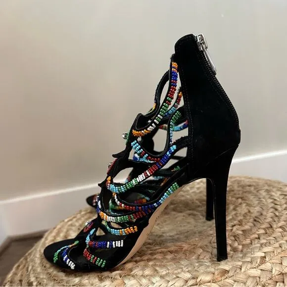 Sam Edelman Sage Beaded High-Heel Sandals - Black Suede Size 6.5