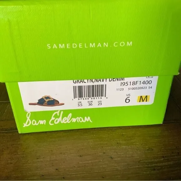 Sam Edleman Denim Flat Sandals w/ Gold Accents Size 6 NWT