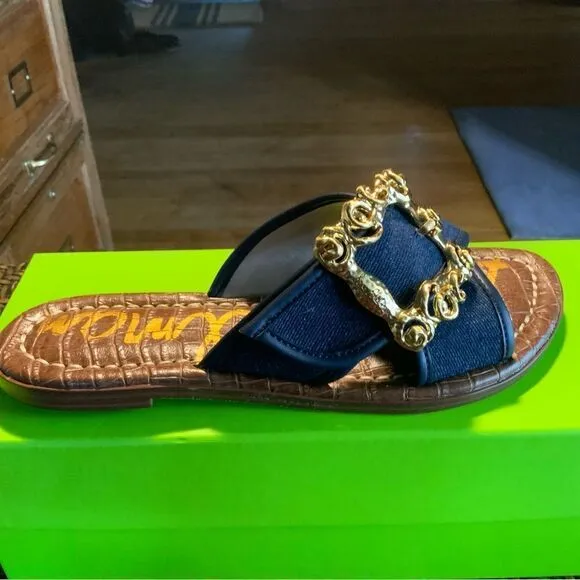 Sam Edleman Denim Flat Sandals w/ Gold Accents Size 6 NWT
