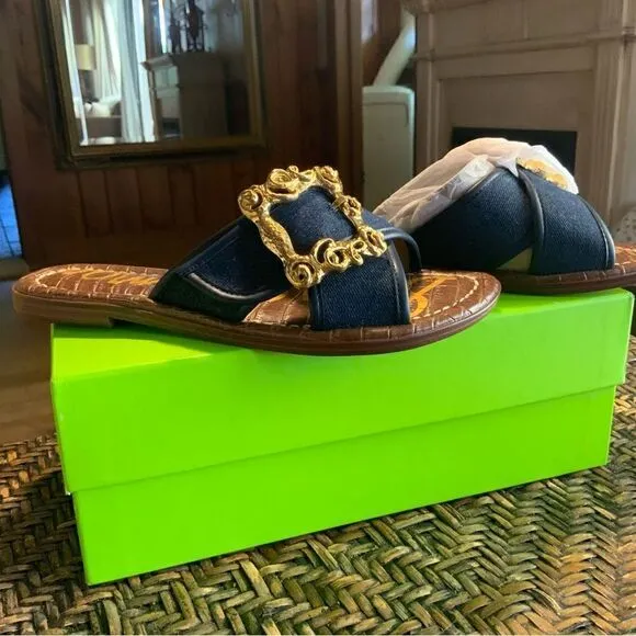 Sam Edleman Denim Flat Sandals w/ Gold Accents Size 6 NWT