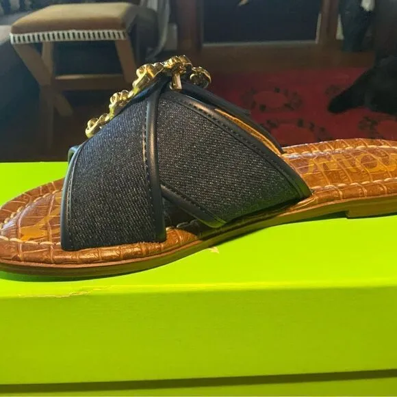 Sam Edleman Denim Flat Sandals w/ Gold Accents Size 6 NWT