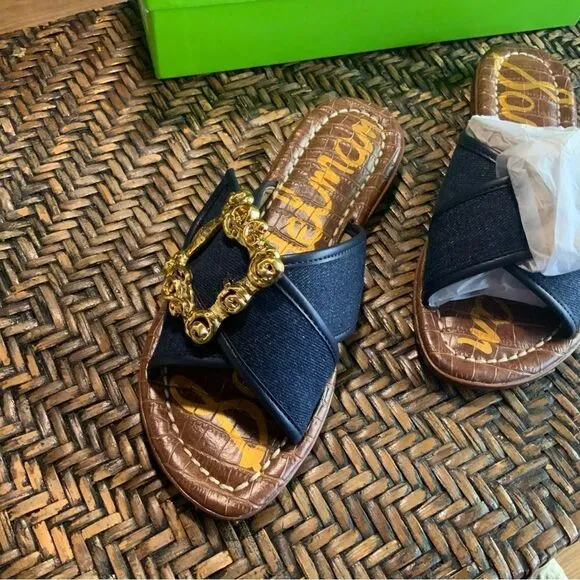 Sam Edleman Denim Flat Sandals w/ Gold Accents Size 6 NWT