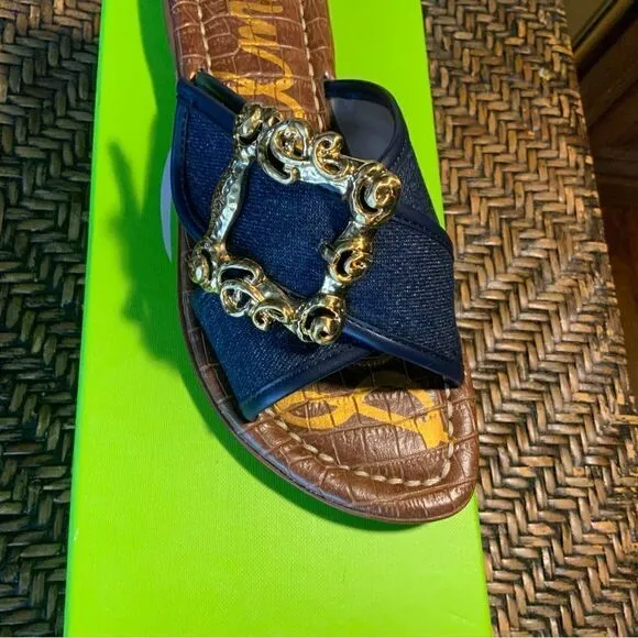 Sam Edleman Denim Flat Sandals w/ Gold Accents Size 6 NWT