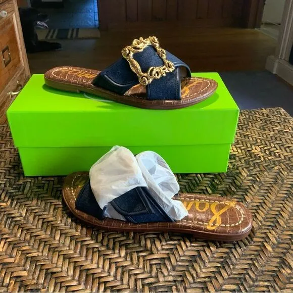 Sam Edleman Denim Flat Sandals w/ Gold Accents Size 6 NWT