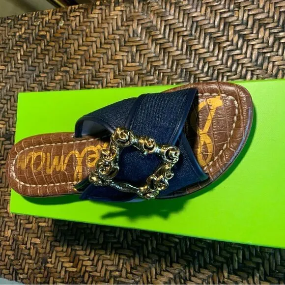Sam Edleman Denim Flat Sandals w/ Gold Accents Size 6 NWT