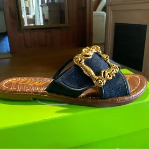 Sam Edleman Denim Flat Sandals w/ Gold Accents Size 6 NWT