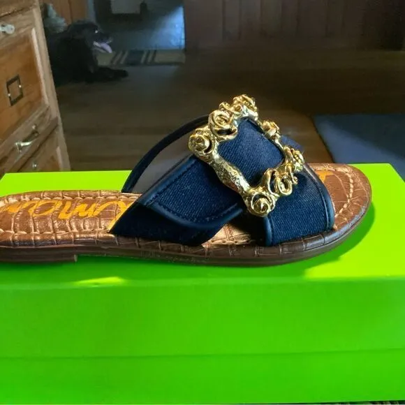 Sam Edleman Denim Flat Sandals w/ Gold Accents Size 6 NWT