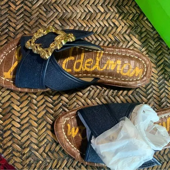 Sam Edleman Denim Flat Sandals w/ Gold Accents Size 6 NWT