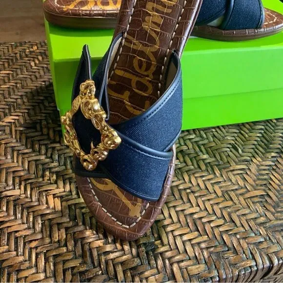 Sam Edleman Denim Flat Sandals w/ Gold Accents Size 6 NWT