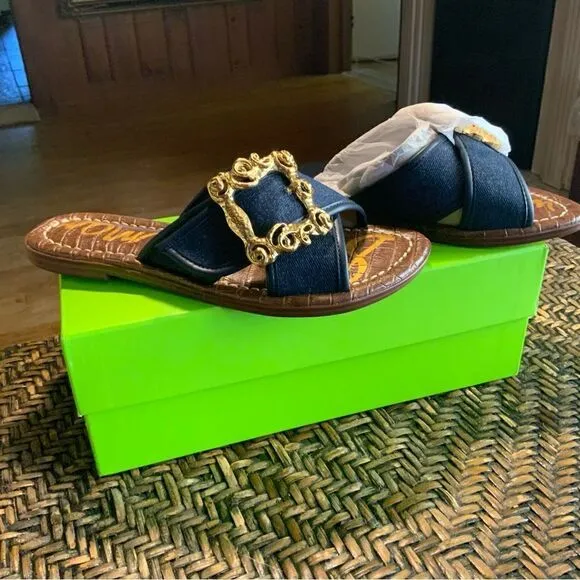Sam Edleman Denim Flat Sandals w/ Gold Accents Size 6 NWT