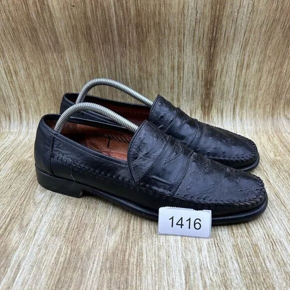 San Remo Genuine‎ Ostrich Penny Loafers Men's Size 9.5 M Black Shoes Casual