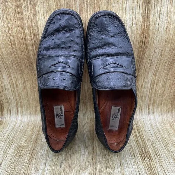 San Remo Genuine‎ Ostrich Penny Loafers Men's Size 9.5 M Black Shoes Casual