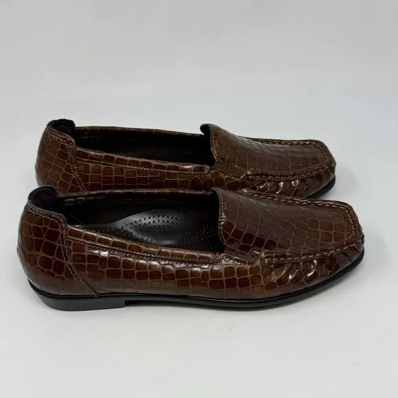 SAS Joy Loafers Womens 6.5 W Wide Brown Leather Croc Slip On Casual Comfort USA