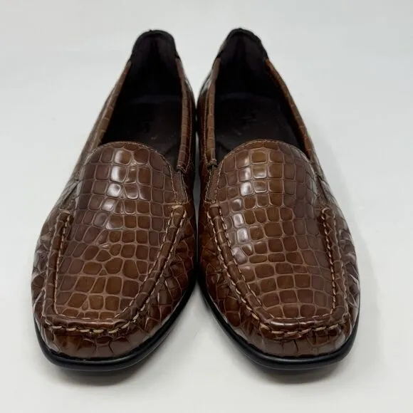 SAS Joy Loafers Womens 6.5 W Wide Brown Leather Croc Slip On Casual Comfort USA