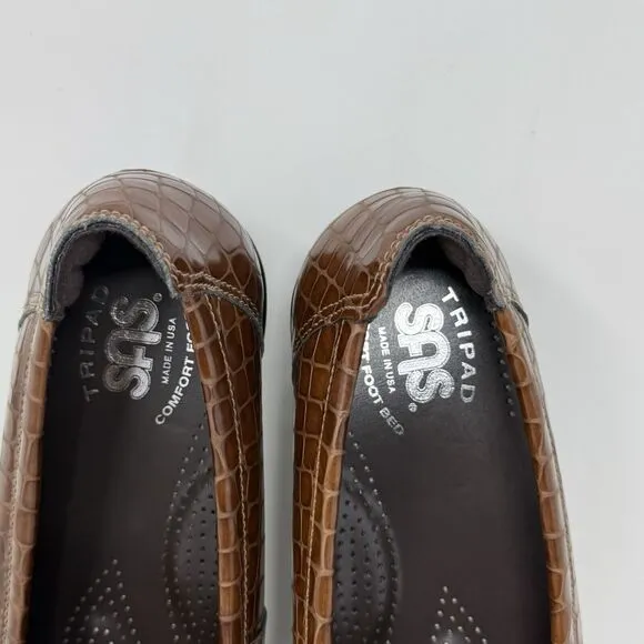 SAS Joy Loafers Womens 6.5 W Wide Brown Leather Croc Slip On Casual Comfort USA