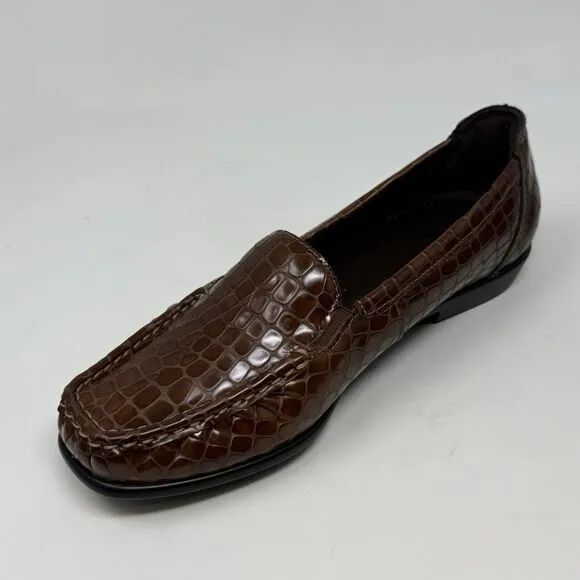 SAS Joy Loafers Womens 6.5 W Wide Brown Leather Croc Slip On Casual Comfort USA