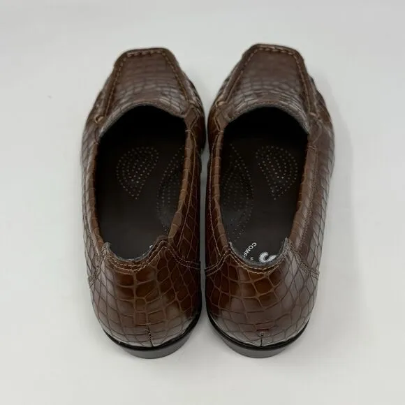 SAS Joy Loafers Womens 6.5 W Wide Brown Leather Croc Slip On Casual Comfort USA