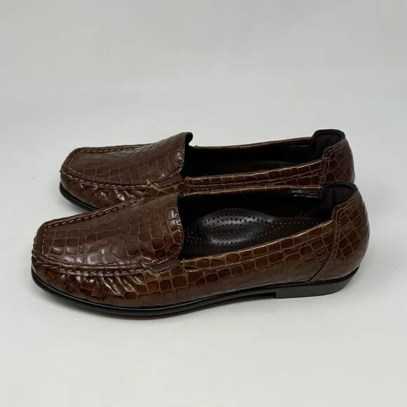 SAS Joy Loafers Womens 6.5 W Wide Brown Leather Croc Slip On Casual Comfort USA