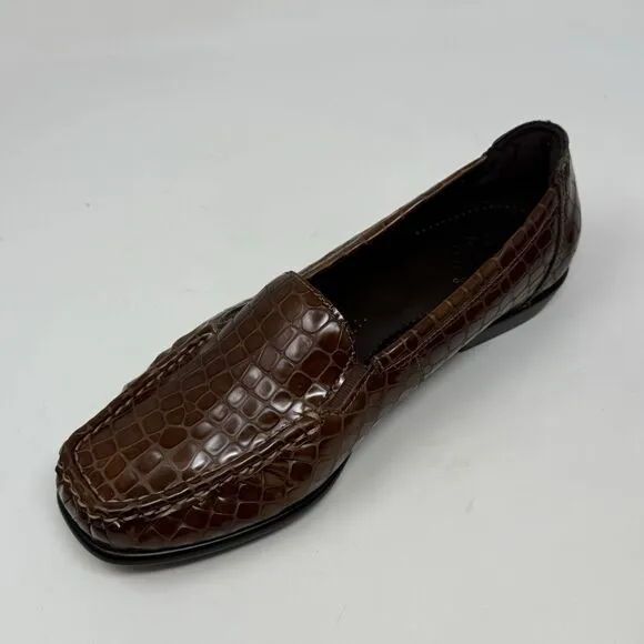 SAS Joy Loafers Womens 6.5 W Wide Brown Leather Croc Slip On Casual Comfort USA