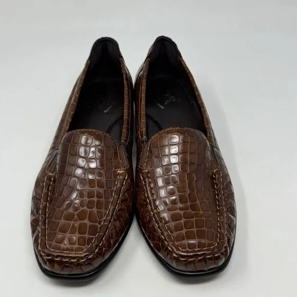 SAS Joy Loafers Womens 6.5 W Wide Brown Leather Croc Slip On Casual Comfort USA