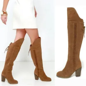 Sbicca Gusto Tan Suede Braided Over The Knee Heeled Boots Womens Size 7 Leather