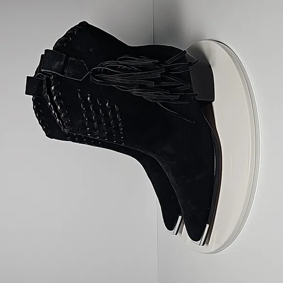 Schutz Alexxa Bootie Heeled Boots Pull-On Fringe Pointed Suede Western Black 5.5