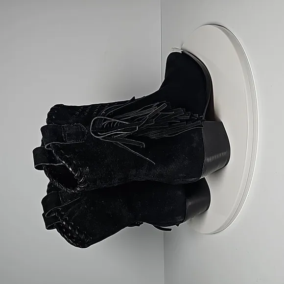 Schutz Alexxa Bootie Heeled Boots Pull-On Fringe Pointed Suede Western Black 5.5