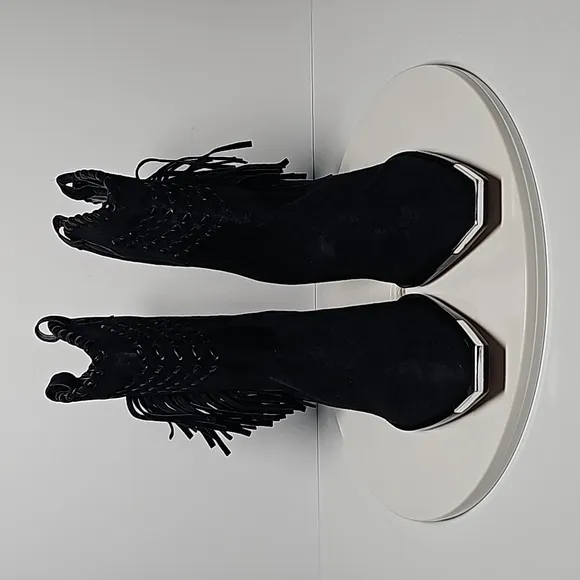 Schutz Alexxa Bootie Heeled Boots Pull-On Fringe Pointed Suede Western Black 5.5