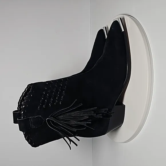 Schutz Alexxa Bootie Heeled Boots Pull-On Fringe Pointed Suede Western Black 5.5