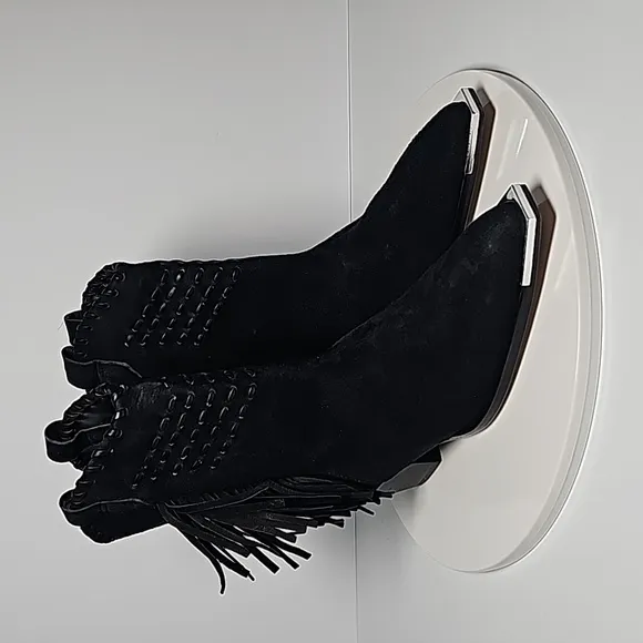 Schutz Alexxa Bootie Heeled Boots Pull-On Fringe Pointed Suede Western Black 5.5