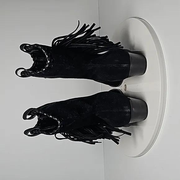 Schutz Alexxa Bootie Heeled Boots Pull-On Fringe Pointed Suede Western Black 5.5
