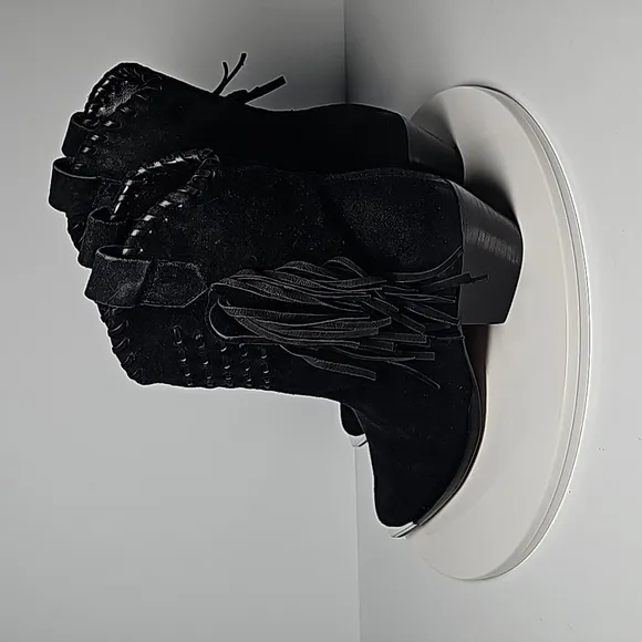 Schutz Alexxa Bootie Heeled Boots Pull-On Fringe Pointed Suede Western Black 5.5