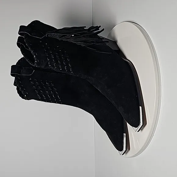 Schutz Alexxa Bootie Heeled Boots Pull-On Fringe Pointed Suede Western Black 5.5