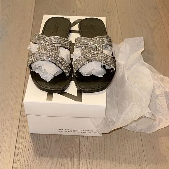 Schutz Alivia Embellished Twist Flat Sandals Used Once