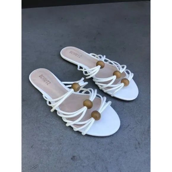 SCHUTZ Aster Strappy Wood-Bead Slide Flat Sandals Size 9.5