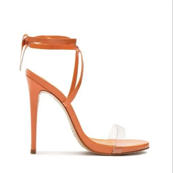 Schutz Cloe Vinyl Open Toe Sz 7B Lace Up Ankle Strap Stiletto High Heel Sandals